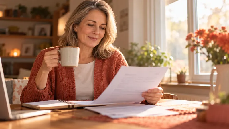 Woman with a coffee mug calmly reviewing a repayment plan at home