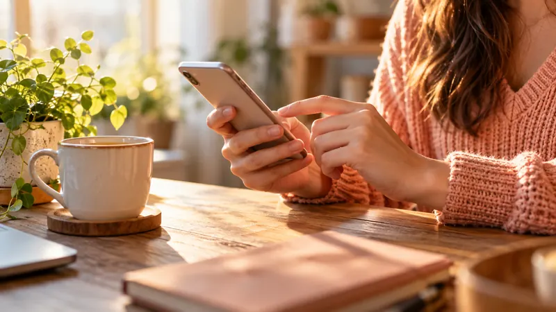 Hands filling out an online Spotloan application on a smartphone at a wooden desk