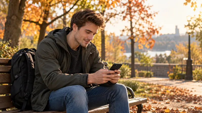 Young man on a park bench in autumn reading about loan options for bad credit on his phone