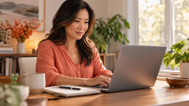 Woman at a home office desk making a Spotloan payment on her laptop
