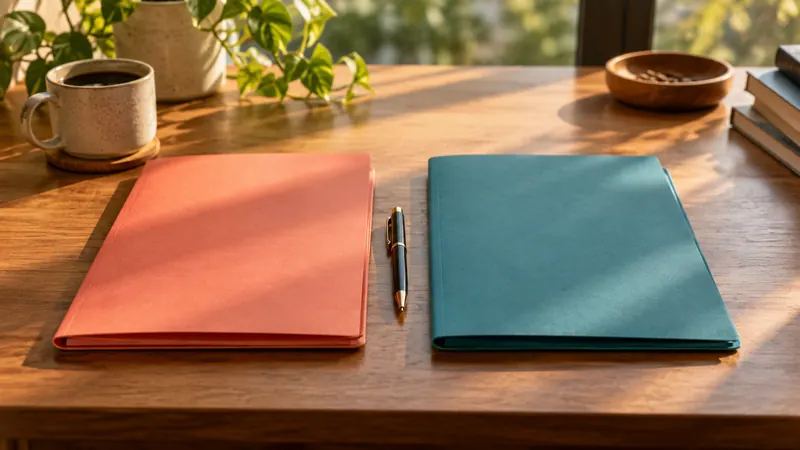 Two folders, one coral and one teal, side by side on a desk for comparison