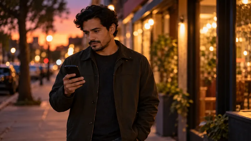 Man on a city sidewalk at dusk weighing a payday loan against an installment loan on his phone
